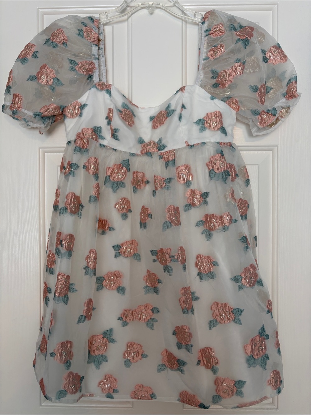 vestique White sheer lined Dress with Pink Rose and Green Leaves Embroidery